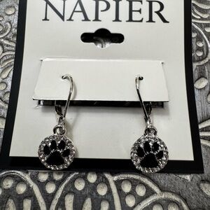 Napier Paw Print Drop Earrings Silver Tone Black Simulated Crystals New Dog